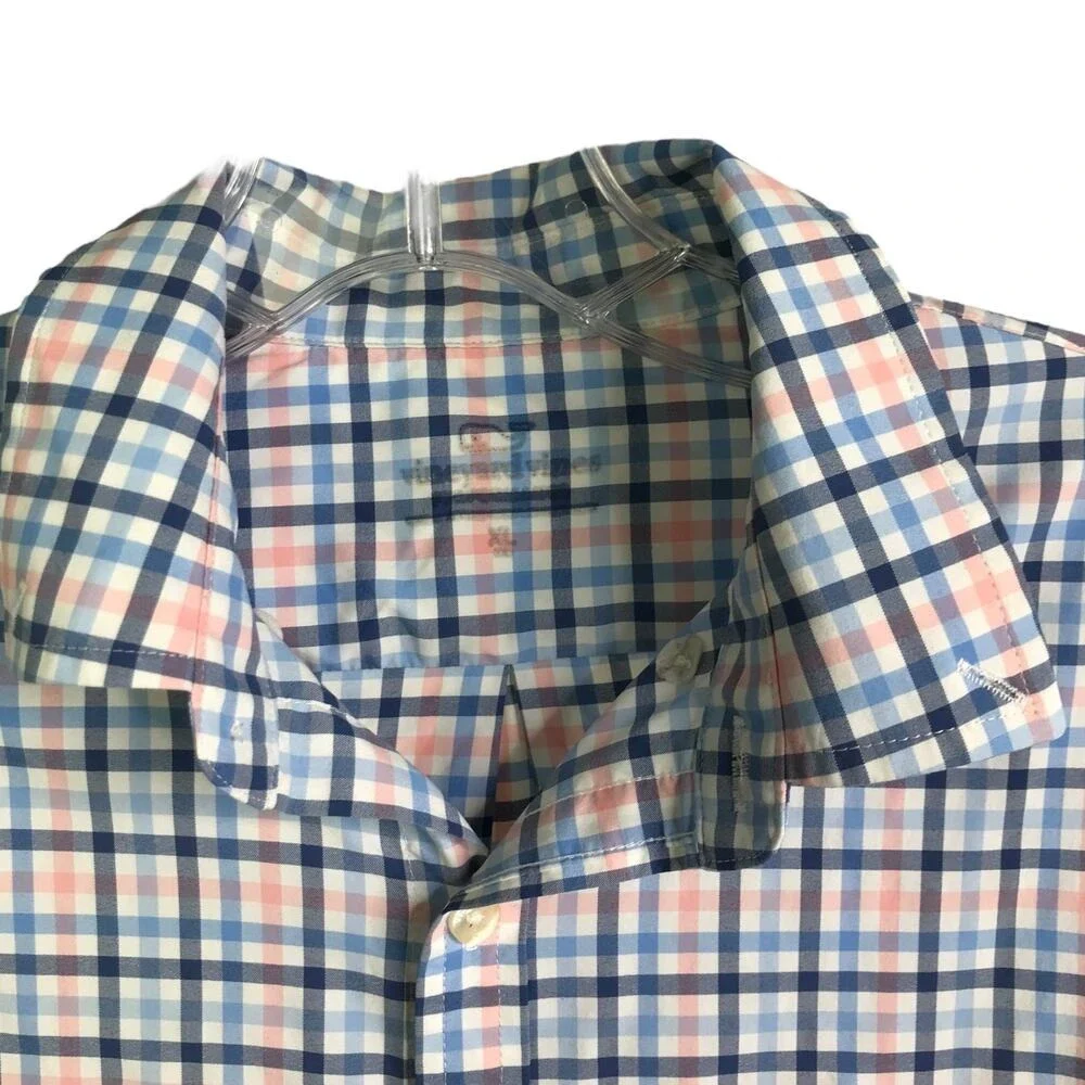 Vineyard Vines Shirt Boys XL Blue Peach Gingham Button Down Lightweight‎